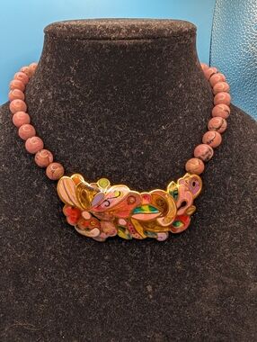 Artisan Pink Bead Necklace with Multicolor Enamel Pendant And Cloisonne Closure